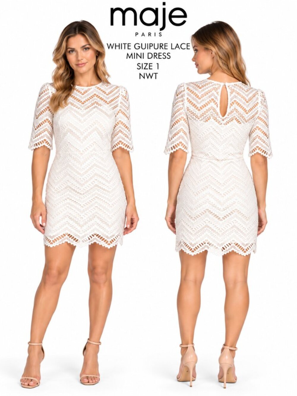 MAJE PARIS WHITE GUIPURE LACE MINI DRESS SIZE 1 NWT